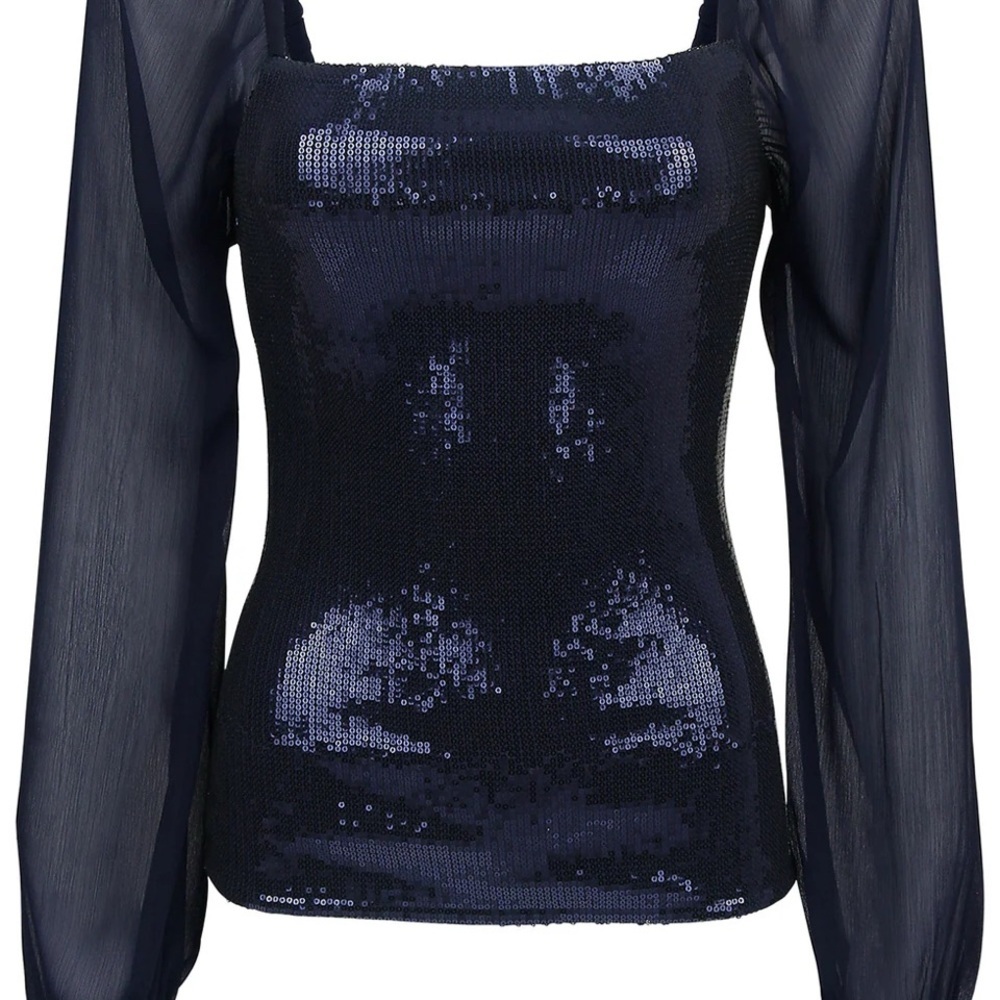 VENUS Navy Sequin Blouse with Sheer Sleeves XSmall
